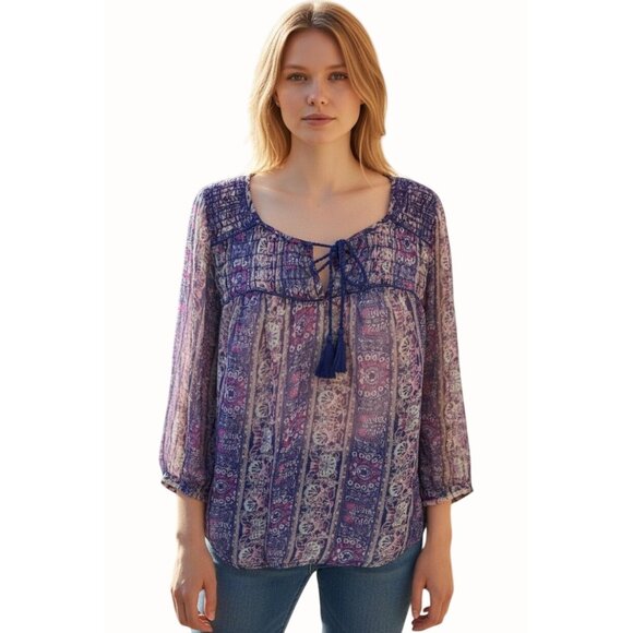 American Eagle Outfitters Sheer Boho Peasant Blouse M Purple Pink Paisley Print - Picture 1 of 7